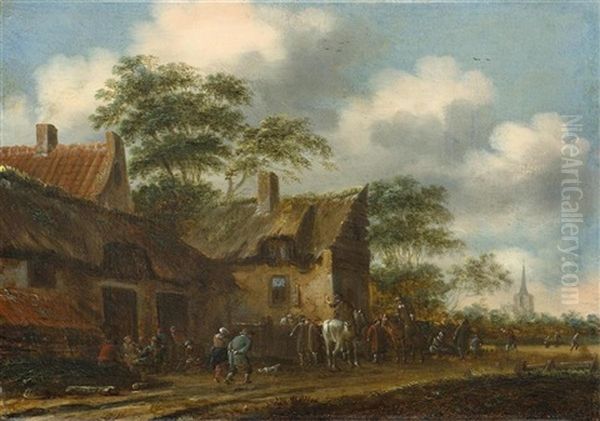 A Winter Landscape With Skaters / A Village Scene With Figures Before An Inn (pair) - view 1