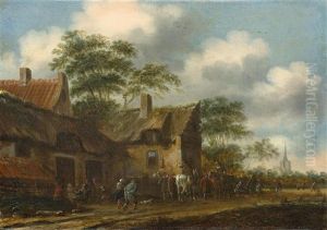A Winter Landscape With Skaters / A Village Scene With Figures Before An Inn (pair) by Thomas Heeremans