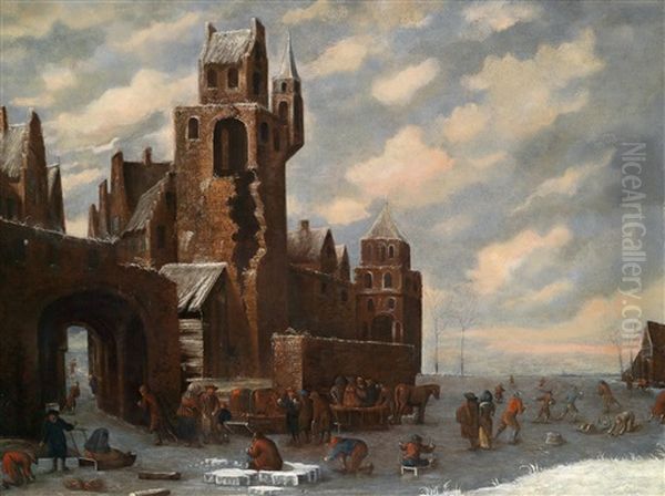 Ice Skaters Outside The Gates Of A Town - view 1