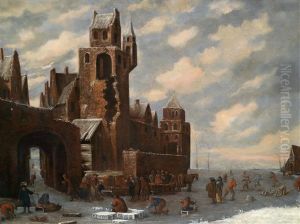 Ice Skaters Outside The Gates Of A Town