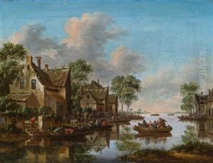 Dorf An Einem Fluss Mit Booten Dorf An Einem Fluss Mit Booten