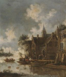 Flusslandschaft Mit Fahrbooten Flusslandschaft Mit Fahrbooten