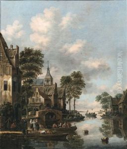 River Landscape With Men Playing "pulling The Goose", Buildings, A Small Bridge And A Church Spire On The Left Bank