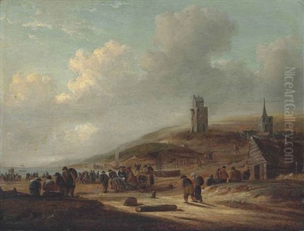 The Beach At Scheveningen, With Fishermen Selling Their Catch - view 1