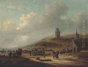 The Beach At Scheveningen, With Fishermen Selling Their Catch by Thomas Heeremans