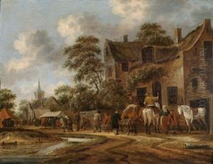 Dorfstrase Mit Reitern Vor Dem Wirtshaus by Thomas Heeremans