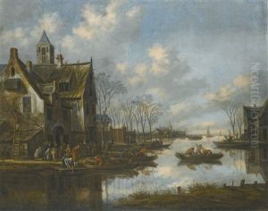 A River Landscape Beside A Village With Figures Loading Their Boats by Thomas Heeremans