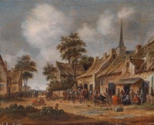 Dorfstrase Mit Feiernden Bauern