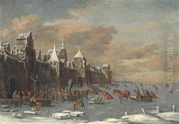 A Winter Landscape With Skaters Outside The Gates Of A City - view 1