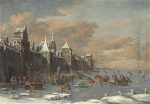 A Winter Landscape With Skaters Outside The Gates Of A City by Thomas Heeremans