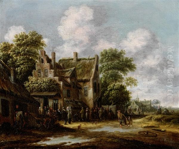 Figures Gathered Outside A Village; And Figures Gathered Outside A Church, A Landscape In The Distance (pair) - view 1