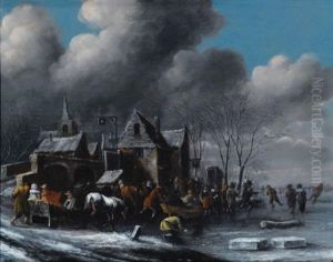 Patineurs Sur Une Riviere Gelee by Thomas Heeremans