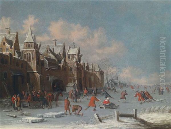 Skaters On The Ice Outside The Gates Of A Dutch City - view 1