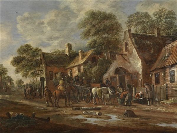 Dorfstrase Mit Pferdefuhrwerk, Einem Rastenden Reiter Und Weiteren Figuren - view 1