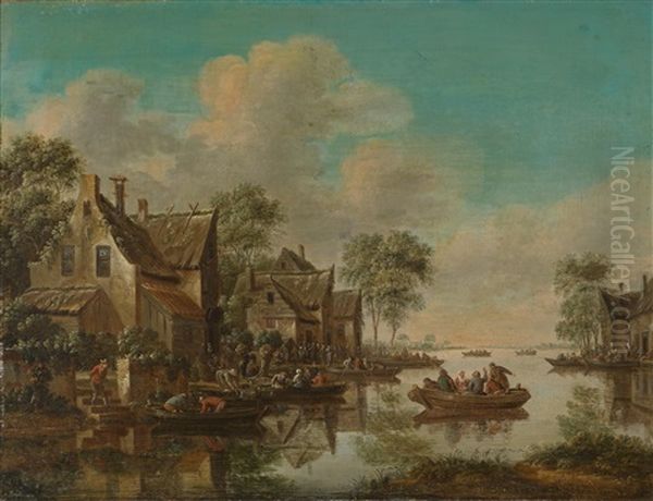 Ein Dorf An Einem Fluss Mit Booten Und Vielen Figuren - view 1