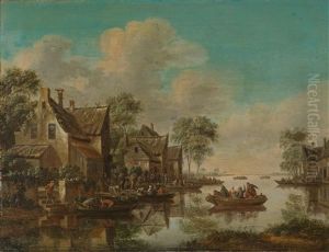 Ein Dorf An Einem Fluss Mit Booten Und Vielen Figuren by Thomas Heeremans