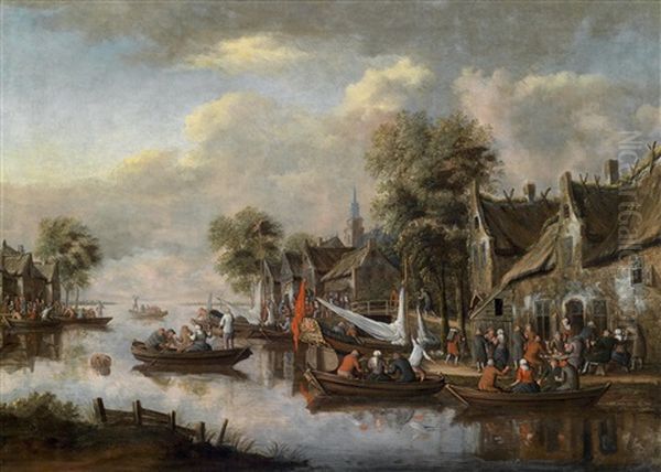 Flusslandschaft Mit Einem Dorf Und Vielen Booten Mit Zahlreichen Personen - view 1