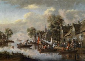 Flusslandschaft Mit Einem Dorf Und Vielen Booten Mit Zahlreichen Personen Flusslandschaft Mit Einem Dorf Und Vielen Booten Mit Zahlreichen Personen