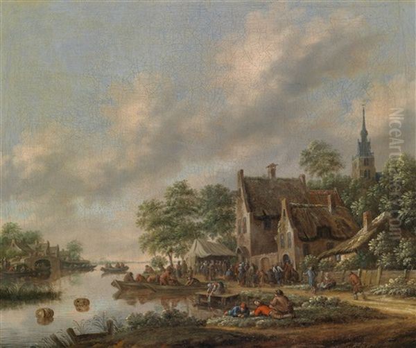 Flusslandschaft Mit Einem Am Ufer Stattfindenden Dorffest - view 1