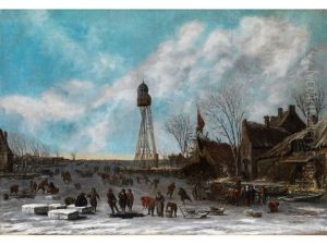 Winterliches Eisvergnugen Unter Einem Hohen Leuchtturm Auf Vereister Polderbucht by Thomas Heeremans