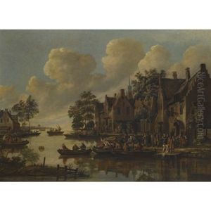 A Village On The Banks Of A River With Numerous People Drinking Outside An Inn