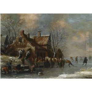 A Winter Landscape With Figures Skating On A Frozen River, Others Conversing And Feeding A Horse Outside A Village by Thomas Heeremans