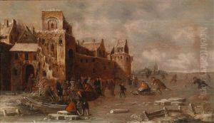 Hollandische Winterlandschaft Mit Eislaufern Vor Einer Stadtmauer by Thomas Heeremans