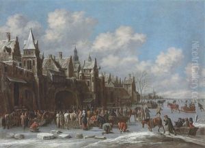 A Winter Landscape With Villagers On A Frozen Lake Outside A Town by Thomas Heeremans