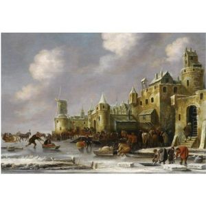 A Winter Landscape With Figures In Horse-drawn Sleighs And Villagers Skating On A Frozen River Outside City Walls by Thomas Heeremans