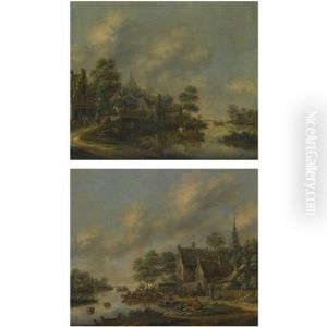 A River Passing Through A Village, With Travellers On A Road To The Left (+ A River Landscape With Villagers Making Merry At A Fair; Pair)