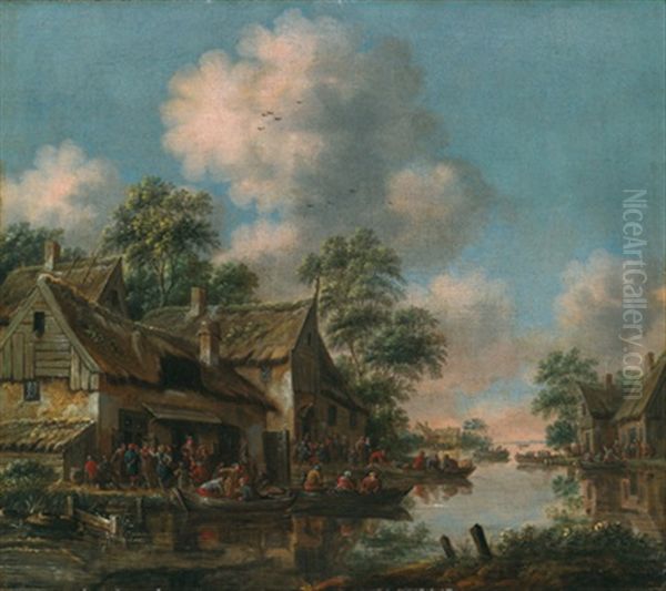 Flusslandschaft Mit Ablegenden Kahnen In Einem Dorf - view 1