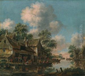 Flusslandschaft Mit Ablegenden Kahnen In Einem Dorf by Thomas Heeremans