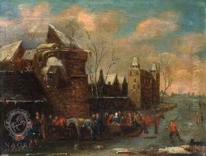 Eisvergnugen Auf Einem Kanal Vor Einer Stadtmauer by Thomas Heeremans