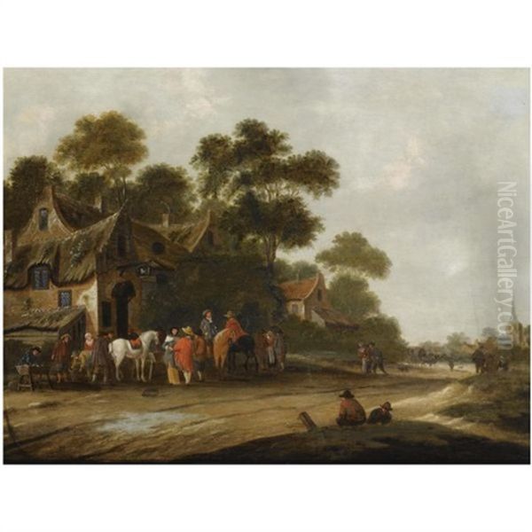 Travellers Resting With Their Horses In Front Of A Tavern In A Village Street, A View Of A Church Beyond - view 1