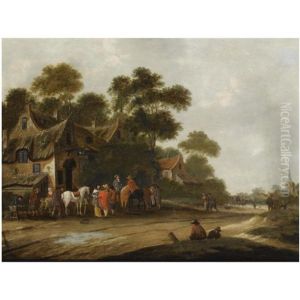 Travellers Resting With Their Horses In Front Of A Tavern In A Village Street, A View Of A Church Beyond by Thomas Heeremans