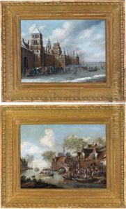 Winterliches Eisvergnugen Mit Schlittschuhlaufern (+ Sommerliches Dorffest An Einem Fluss Im Hintergrund Ein Fang Den Aalwettkampf, Gegenstucke; Pair) by Thomas Heeremans