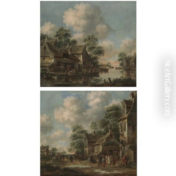 A River Landscape With Townsfolk Boarding Boats (+ A Townscape With Villagers Congregating Outside An Inn; Pair) - view 1