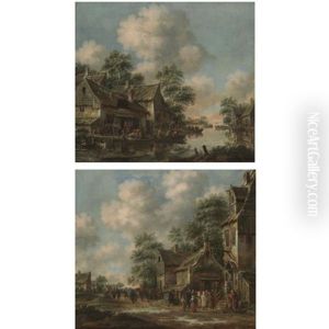 A River Landscape With Townsfolk Boarding Boats (+ A Townscape With Villagers Congregating Outside An Inn; Pair) thumbnail