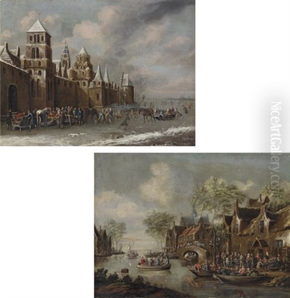 Winter - Figures Skating On A Frozen River By A Castle (+ Spring - Figures Playing On A River; Pair) - view 1