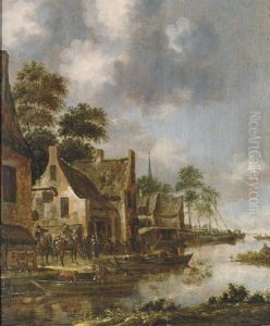 A River Landscape With Fishing Boats By A Village by Thomas Heeremans