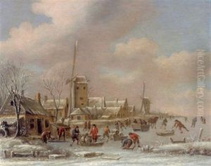 Eisvergnugen Vor Einem Hollandischen Dorf by Thomas Heeremans