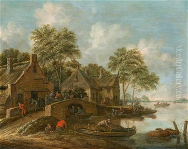 Flusslandschaft Mit Einem Dorf, Booten Und Vielen Figuren - view 1