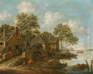 Flusslandschaft Mit Einem Dorf, Booten Und Vielen Figuren Flusslandschaft Mit Einem Dorf, Booten Und Vielen Figuren