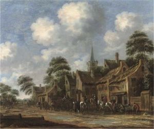 A Village With Horsemen, Carriages And Peasants Outside An Inn by Thomas Heeremans