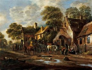 Dorf An Einem Fluss Mit Einem Pferdewagen, Rastendem Reiter Und Anderen Figuren Dorf An Einem Fluss Mit Einem Pferdewagen, Rastendem Reiter Und Anderen Figuren