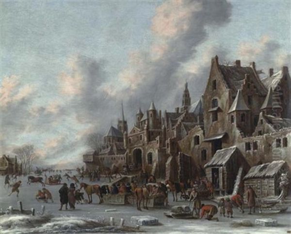 Ein Gefrorener Kanal Vor Den Mauern Einer Stadt Mit Pferdeschlitten Und Schlittschuhlaufern - view 1