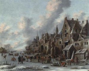 Ein Gefrorener Kanal Vor Den Mauern Einer Stadt Mit Pferdeschlitten Und Schlittschuhlaufern by Thomas Heeremans