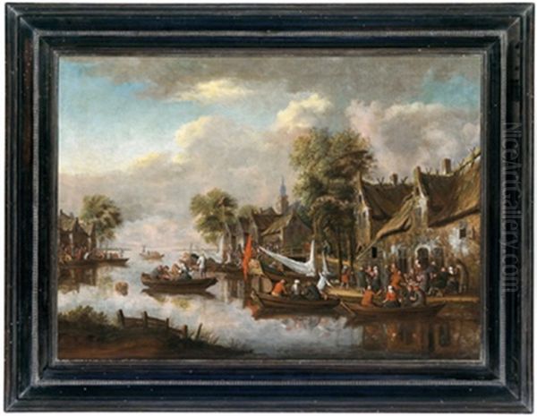 Dorf An Einem Fluss Mit Vielen Booten Und Figuren - view 1