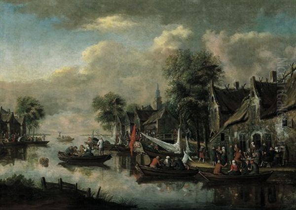 Dorf An Einem Fluss Mit Vielen Booten Und Figuren - view 1