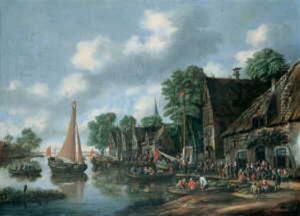 Flusslandschaft. Am Ufer Ein Dorf Mit Zahlreichen Personen Flusslandschaft. Am Ufer Ein Dorf Mit Zahlreichen Personen